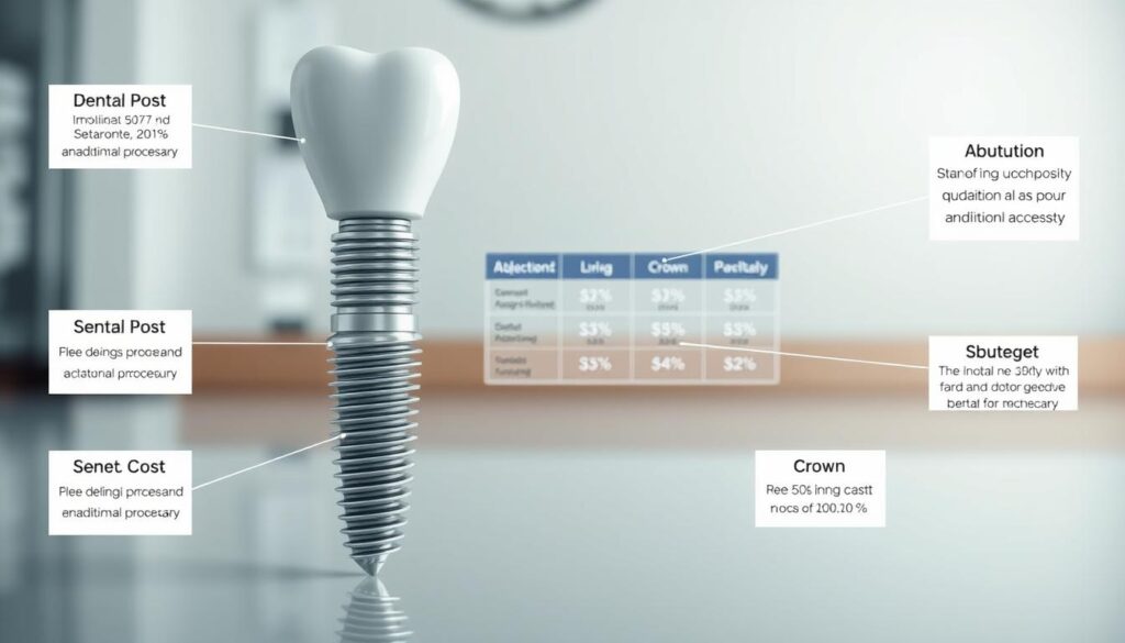 A detailed and visually engaging breakdown of the key components that make up the cost of a dental implant. The image should feature a clean, minimalist layout with a light, clinical atmosphere. In the foreground, a cross-section of a dental implant showcasing its internal structure, surrounded by callouts highlighting the individual cost factors such as the implant post, abutment, crown, and any additional procedures. In the middle ground, a table or infographic displaying the percentage breakdown of these expenses. The background should convey a sense of sterile, modern dentistry, perhaps with subtle textures or gradients reminiscent of medical equipment or dental office interiors.