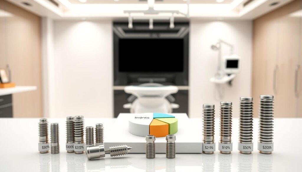 A detailed breakdown of the costs associated with dental implants, set against a sleek, modern medical interior. In the foreground, a neatly arranged array of dental implant components, each labeled with its specific price point. The middle ground features a clean, minimalist table displaying a pie chart, illustrating the percentage breakdown of the overall implant cost. In the background, a softly lit, contemporary dental examination room, with state-of-the-art equipment and soothing, neutral tones conveying professionalism and care. Precise, technical lighting accentuates the clarity and precision of the cost information presented, creating an informative, yet visually appealing illustration.
