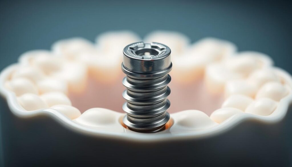 A close-up view of a dental implant designed to support a denture. The implant is made of titanium and features a smooth, polished surface. It is firmly embedded in the jawbone, providing a strong and stable foundation for the denture. The implant has a specialized connector that allows the denture to be securely attached, ensuring a comfortable and natural-looking fit. The scene is illuminated by soft, diffused lighting, highlighting the implant's sleek and modern aesthetic. The background is blurred, keeping the focus on the implant and its crucial role in enhancing the comfort and stability of the denture.