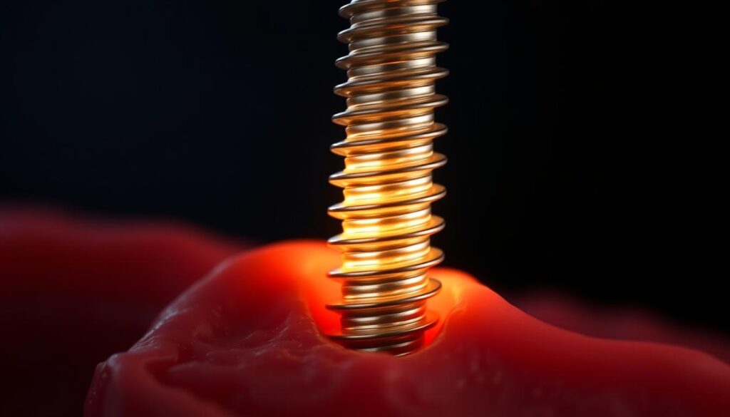 A close-up view of a dental implant showcasing its sturdy titanium structure and seamless integration with the surrounding gum and bone tissue. The implant is illuminated by soft, diffused lighting, creating a sense of clinical precision and durability. The background is blurred, directing the viewer's focus to the implant's intricate details, such as the smooth surface texture and the secure connection between the abutment and the implant body. The overall composition conveys the strength, longevity, and reliability of dental implants, perfectly capturing the essence of the "Longevity and Durability of Dental Implants" section.