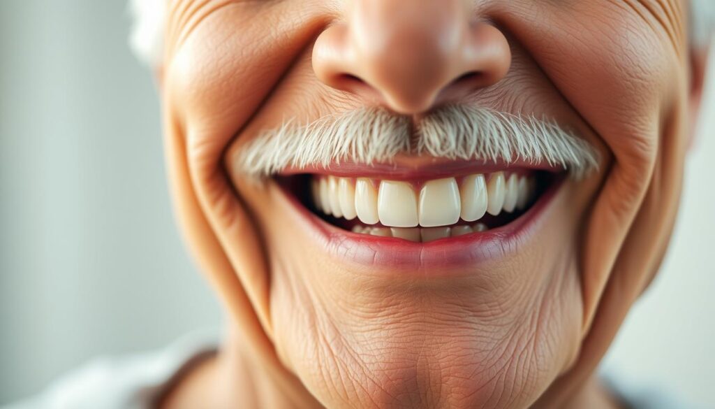 A close-up view of a senior citizen's smile, showcasing a set of realistic dental implants. The implants are expertly crafted, with a natural-looking sheen and seamless integration into the gumline. The lighting is soft and warm, accentuating the individual's healthy, vibrant complexion. The background is blurred, keeping the focus on the dental work and allowing the viewer to appreciate the restorative quality of the implants. The overall mood is one of confidence and satisfaction, as the senior citizen's smile radiates a renewed sense of self-assurance.