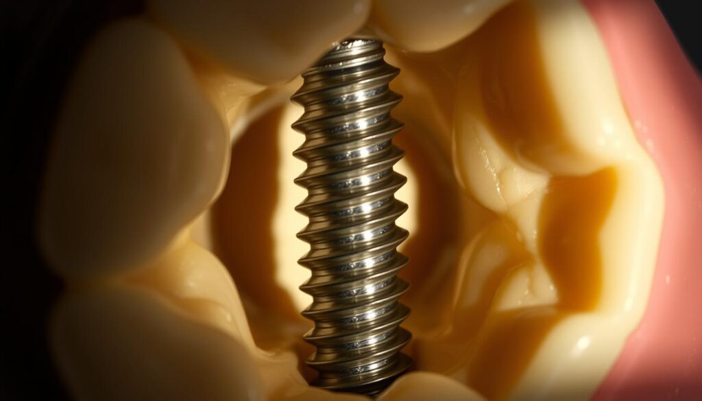 A close-up view of the internal structure of a dental implant, showcasing its key components. The implant, made of titanium, is visible in the center, featuring a threaded design for secure integration with the jawbone. Surrounding it, the abutment and crown are shown in intricate detail, revealing their distinct shapes and materials. The scene is illuminated by a soft, directional light, casting subtle shadows and highlighting the textures and contours of the implant system. The image is captured at a slightly elevated angle, providing a clear and comprehensive understanding of the dental implant's intricate anatomy.