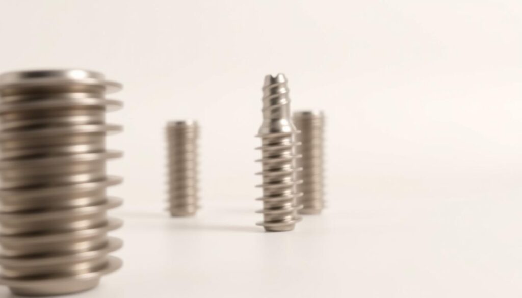 A close-up view of various dental implant components, showcased against a clean, minimalist background. In the foreground, we see the titanium implant post, its intricate threading and surface texture meticulously detailed. In the middle ground, the abutment - the connecting piece between the post and the crown - stands prominently, highlighting its precision-engineered design. The background features a softly blurred, off-white backdrop, creating a clinical, yet elegant atmosphere, allowing the implant features to take center stage. Subtle, directional lighting casts subtle shadows, emphasizing the three-dimensional nature of the components. The overall impression conveys the sophisticated engineering and attention to detail that defines modern dental implant technology.