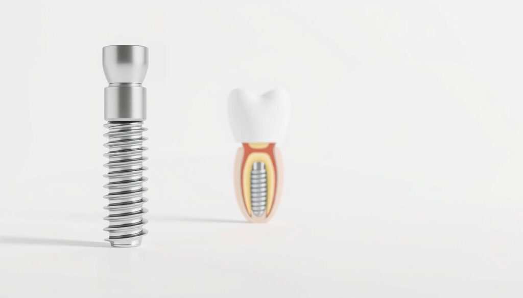 A detailed, anatomical diagram showcasing the key components of a dental implant, rendered in precise, technical illustrations. The implant structure is depicted in high-resolution, with a clean, white background and soft shadows to highlight the form and contours. The foreground features the titanium implant post, abutment, and crown, meticulously detailed. The middle ground shows a cross-sectional view exposing the internal workings, while the background provides context with a simplified illustration of the jawbone and gum tissue. Crisp, high-contrast lines and a neutral color palette convey a clinical, educational tone suitable for a medical reference guide.