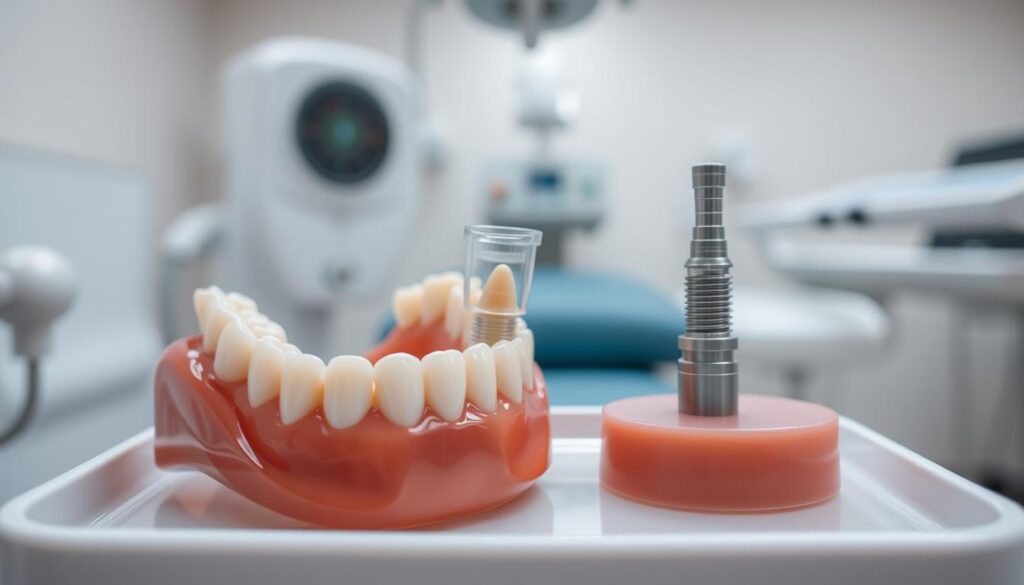 A detailed comparison between traditional dentures and denture implants, showcasing their distinct comfort levels. In the foreground, a set of traditional dentures resting on a dental tray, their bulky appearance and potential discomfort evident. In the middle ground, a close-up of a dental implant base, its sleek and streamlined design hinting at a more natural and comfortable fit. The background features a serene, clinical setting with medical equipment, conveying a sense of professionalism and expertise. The lighting is soft and diffused, highlighting the textures and materials of the dental appliances. The overall tone is one of thoughtful evaluation, guiding the viewer to appreciate the evolving comfort solutions in dental prosthetics.