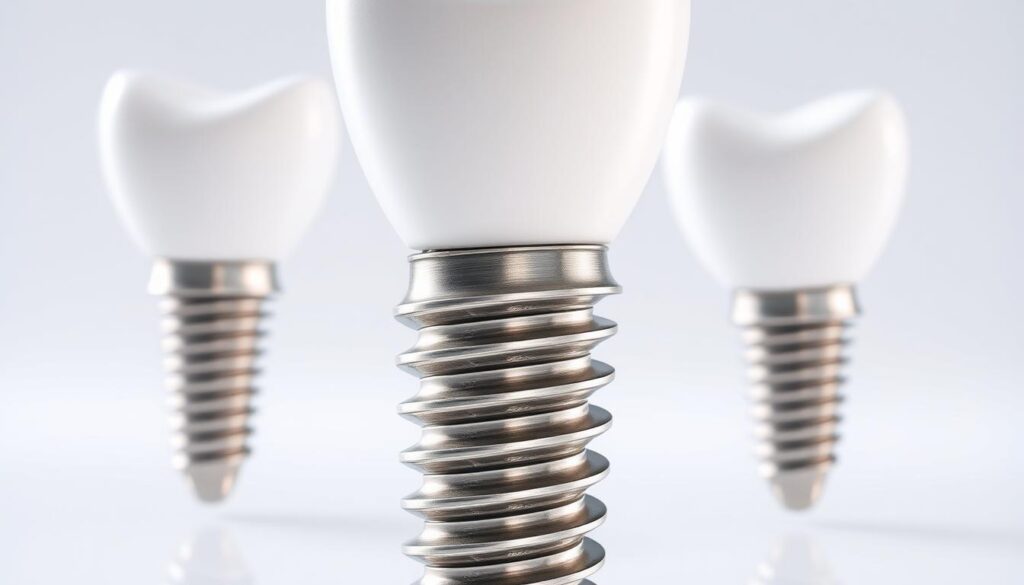 A detailed, high-quality close-up illustration of the key components that make up a dental implant, including the titanium root, abutment, and crown. The image should be captured under bright, natural lighting from various angles to showcase the intricate design and materials used. The focus should be on the implant's distinct features, textures, and proportions, conveying a sense of technical precision and medical-grade quality. The background should be clean and minimalist, allowing the implant to be the central focus of the image.