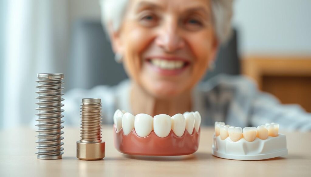 A detailed, well-lit, macro-style photograph of various dental implant options for seniors, including a titanium screw-type implant, a ceramic dental bridge, and a removable partial denture. The implants are displayed in the foreground on a clean, neutral-colored surface, showcasing their materials, textures, and designs. The middle ground features a senior adult's smiling face, with a natural, warm expression, highlighting the potential results of these implant solutions. The background is softly blurred, creating a sense of focus on the implant options and the person's face. The overall mood is informative, yet reassuring, conveying the reliability and aesthetic benefits of modern dental implant technologies for the senior demographic.