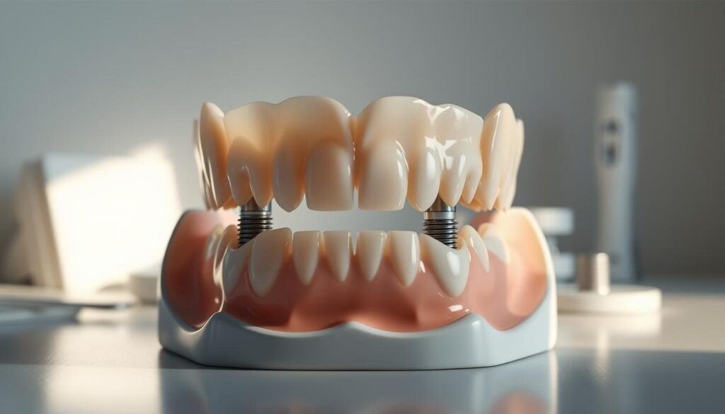 A high-detailed, photorealistic image of a set of implant-supported dentures. The dentures are positioned in the center of the frame, showcasing their intricate structure and realistic texture. The implants are clearly visible, seamlessly integrated into the jawbone. The lighting is soft and directional, creating subtle shadows that accentuate the dentures' three-dimensional form. The background is a clean, neutral workspace, allowing the dentures to be the focal point. The overall atmosphere is clinical yet inviting, conveying a sense of professionalism and attention to detail in the field of dental implantology.
