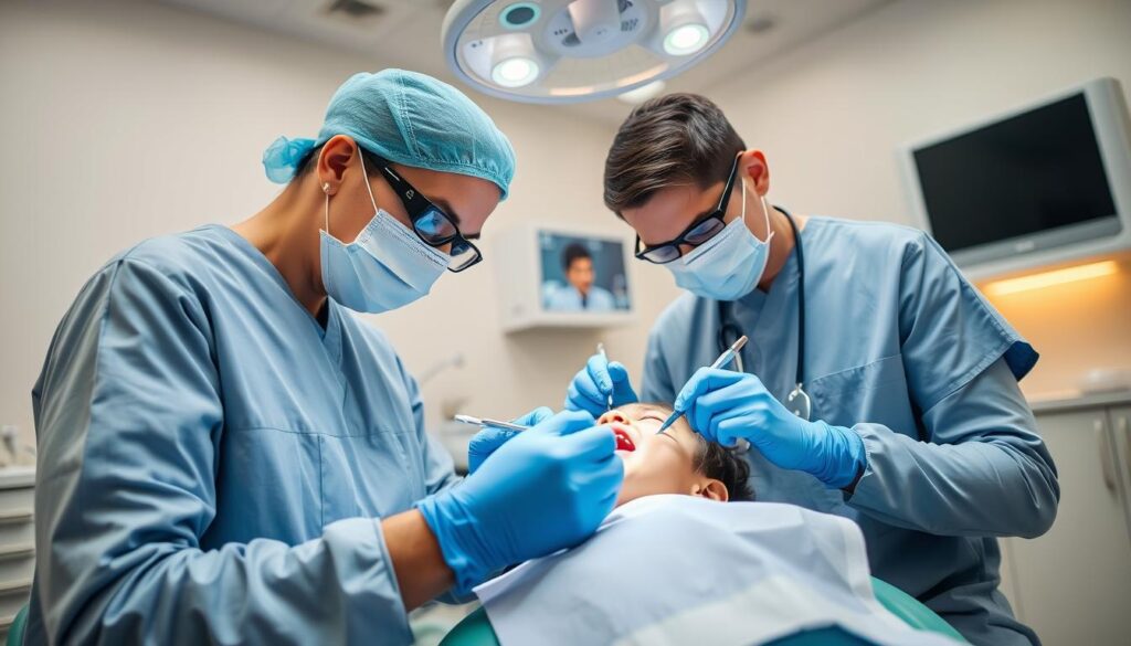 Specialized pediatric dentists performing a delicate frenectomy procedure in a bright, sterile dental office. The dentists, dressed in scrubs and masks, carefully examine the patient's mouth using precise instruments under the warm glow of overhead lighting. The patient, a young child, lies comfortably on the dental chair as the dentists meticulously work to release the tightened frenulum, ensuring a successful outcome. The scene conveys a sense of professionalism, care, and the pediatric dentists' expertise in this specialized treatment.