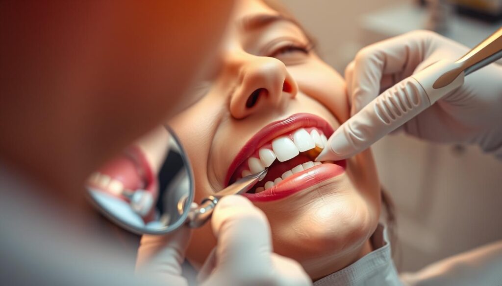 A close-up view of a dental examination, with a dentist's hands gently inspecting a patient's mouth. The scene is bathed in warm, soft lighting, creating a calming, professional atmosphere. In the foreground, we see the dentist's tools and a dental mirror reflecting the patient's teeth. The middle ground focuses on the patient's face, their expression relaxed and trusting. The background is slightly blurred, emphasizing the clinical setting. The overall composition conveys a sense of care, expertise, and the patient's potential suitability for a dental implant procedure.