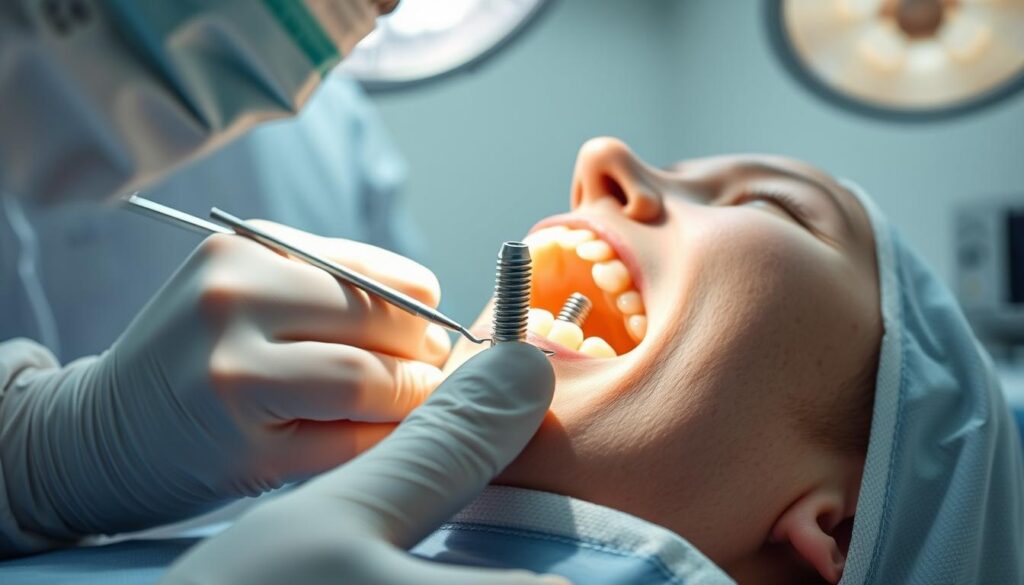 A close-up view of a personalized dental implant surgery, captured in a clinical yet compassionate atmosphere. The foreground depicts the surgeon's hands delicately placing the custom-fitted implant into the patient's jawbone, guided by precise surgical instruments. The middle ground showcases the intricate details of the implant's design, tailored to the patient's unique dental structure. The background maintains a sterile, well-lit medical setting, with a sense of focus and care pervading the scene. Soft, directional lighting accentuates the surgeon's skilled movements and the patient's comfort, conveying the professionalism and personalized approach of the customized dental implant procedure.