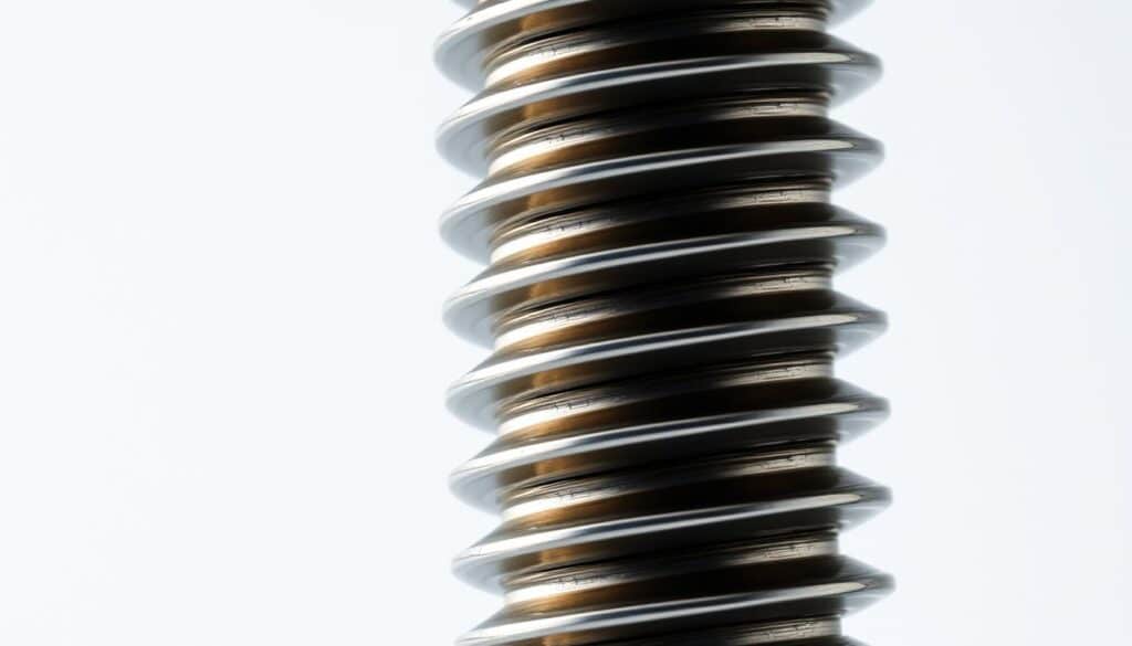 A close-up view of a titanium dental implant cylinder with a polished, metallic surface. The implant structure is showcased against a clean, softly lit background, highlighting its precision engineering and durability. The cylinder has a tapered design with a threaded exterior, capturing the intricate details that allow for secure integration with the jawbone. The lighting casts subtle shadows, emphasizing the cylindrical form and the smooth, uniform texture of the titanium material. The overall composition conveys the advanced technology and reliability of this dental implant solution.