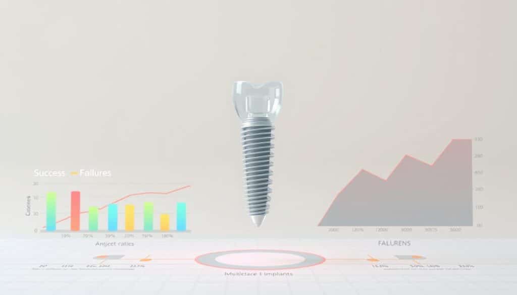 A detailed 3D visualization of dental implant success rates displayed on a clean, minimalist infographic layout. The background is a soft, neutral tone with subtle grid lines to convey a sense of data and analysis. In the foreground, a transparent, floating 3D model of a dental implant hovers, accompanied by colorful, fluid data visualizations illustrating success rates and failure percentages using clear graphs and charts. The lighting is soft and even, highlighting the crisp, technical details of the implant model and the clarity of the data presentation. The overall mood is informative, precise, and visually compelling, serving to educate and enlighten the viewer on the key statistics around dental implant success.