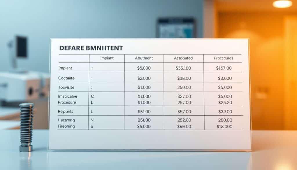 A detailed breakdown of dental implant costs, presented on a clean, minimalist tabular display. The foreground showcases the various cost components, such as the implant, abutment, crown, and associated procedures, each with clear numerical values. The middle ground provides an organized layout with crisp lines and neutral colors, guiding the viewer's attention to the key financial details. The background is a serene, softly blurred medical environment, evoking a sense of professionalism and precision. Warm, indirect lighting casts subtle shadows, adding depth and emphasizing the important information. The overall tone is informative, data-driven, and designed to assist the reader in understanding the financial aspects of dental implant treatment.