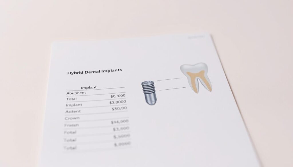 A detailed breakdown of the costs associated with hybrid dental implants, showcased on a clean, professional-looking document. The foreground features a clear cost structure, with line items for individual components like the implant, abutment, and crown, as well as total costs. The middle ground depicts a cross-sectional diagram of the implant system, highlighting its hybrid nature. The background is a soft, neutral tone that emphasizes the informative nature of the image. Soft, directional lighting creates depth and emphasizes the technical details. The overall mood is one of clarity, precision, and educational value, suitable for inclusion in an article on advancements in tooth restoration.