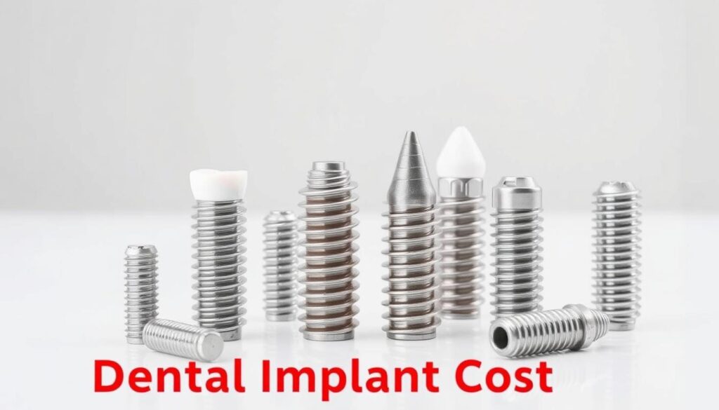 A detailed comparison of various types of dental implants, including titanium, ceramic, and hybrid models, showcased in a clean, clinical setting. The implants are arranged neatly on a sterile white surface, illuminated by soft, diffused lighting that highlights their intricate designs and materials. The background is a muted, neutral tone, allowing the dental implants to be the focal point. The image conveys a sense of professionalism, precision, and informative clarity, suitable for an educational article on dental implant costs.