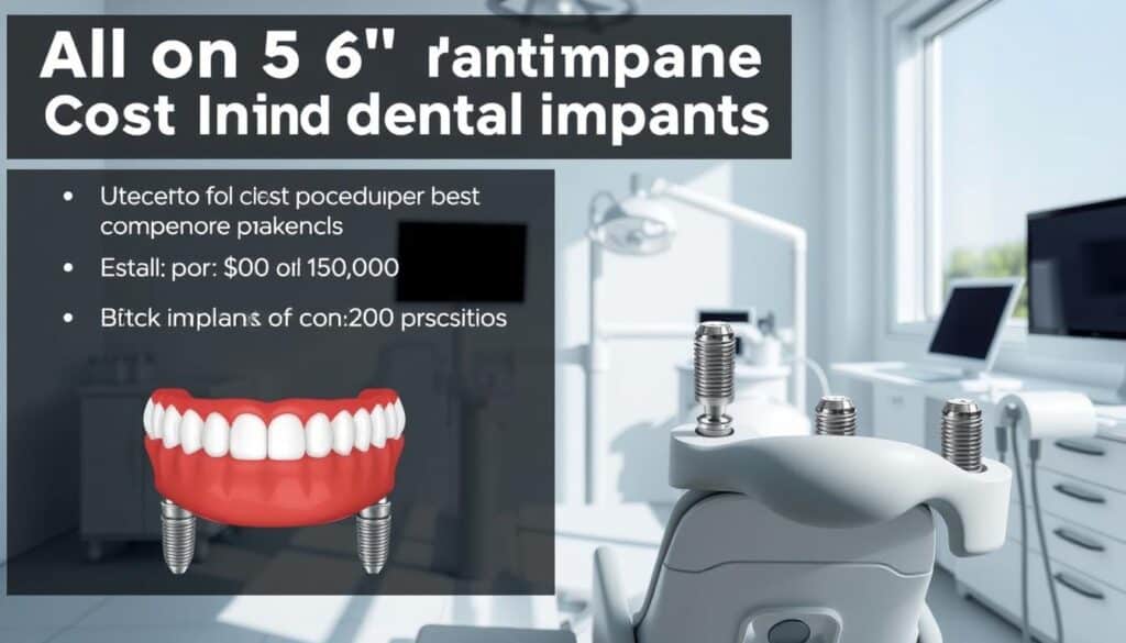 A detailed cost comparison of "All on 6" dental implants, showcasing the various components and procedures involved. The image should depict a clean, modern dental clinic setting with dental equipment and implants prominently displayed. Utilize natural lighting to create a bright, inviting atmosphere. Capture the procedure stages in a clear, informative manner, allowing the viewer to understand the comprehensive nature of this dental solution. Employ a neutral color palette with subtle accents to maintain a professional, medical aesthetic. Ensure the image conveys the benefits and cost-effectiveness of the "All on 6" approach, aligning with the article's focus on dental implant options and their associated expenses.