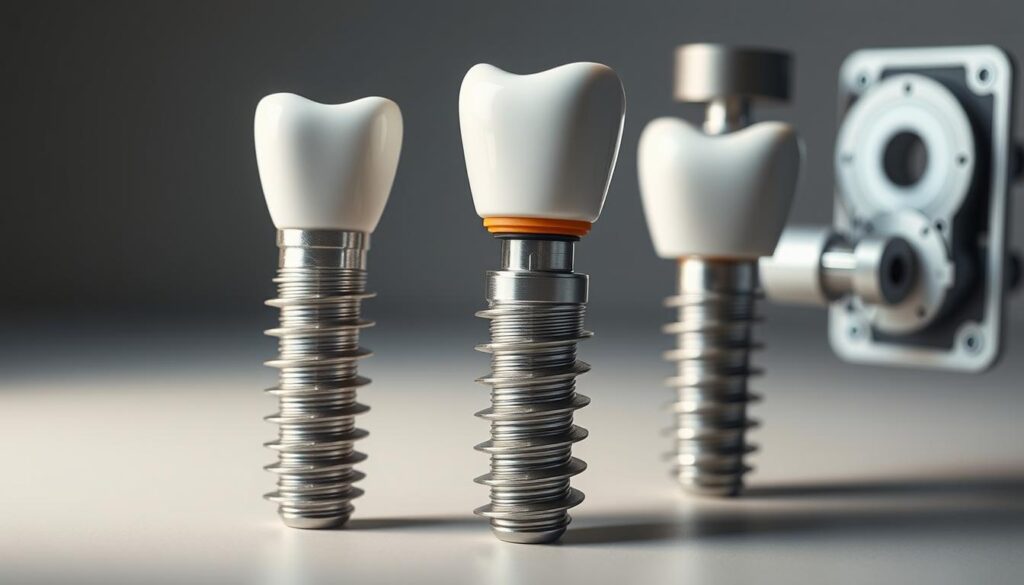 A detailed cross-section of hybrid dental implants, showcasing their intricate inner workings. In the foreground, a titanium implant post fuses seamlessly with the surrounding bone, while the middle ground features a ceramic abutment supporting a lifelike porcelain crown. The background reveals the advanced engineering behind this hybrid technology, with precision-machined components and cutting-edge materials. Soft, directional lighting illuminates the scene, emphasizing the sleek, modern aesthetic and the marriage of natural and engineered elements. Captured with a shallow depth of field, the image conveys a sense of technical sophistication and medical innovation central to the "Science Behind Hybrid Implant Technology."