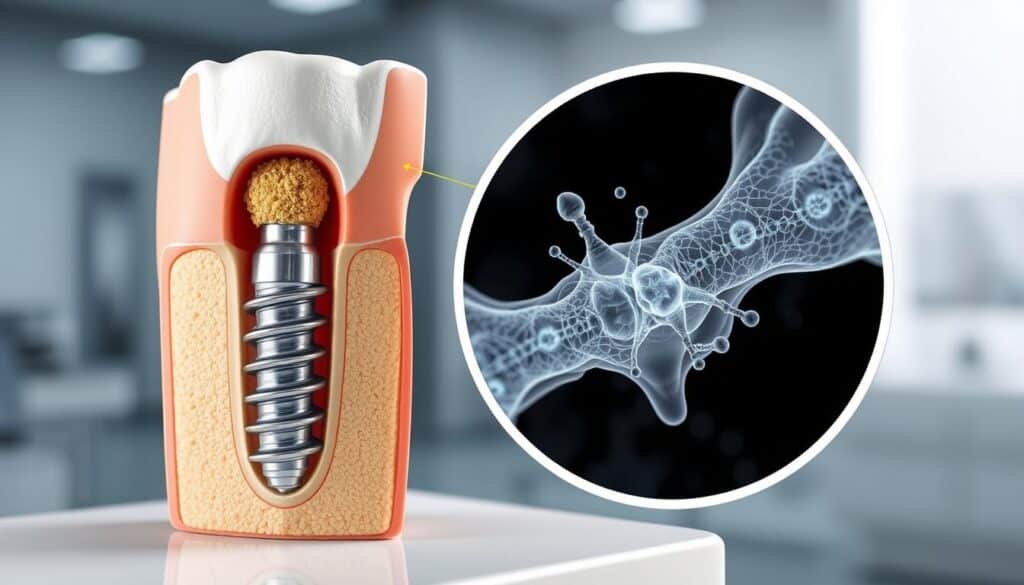 A detailed cutaway view of the osseointegration process in dental implantation. In the foreground, a cross-section of a titanium dental implant fixture embedded in the jawbone, with bone cells growing and fusing to the implant surface. In the middle ground, a magnified view of the microscopic integration of the implant and bone, showcasing the intricate network of cells and the formation of a strong, stable bond. The background features a clean, medical-grade environment with soft, diffused lighting illuminating the technical details. The overall scene conveys the precision, stability, and natural integration of the osseointegration process, essential for long-term dental implant success.