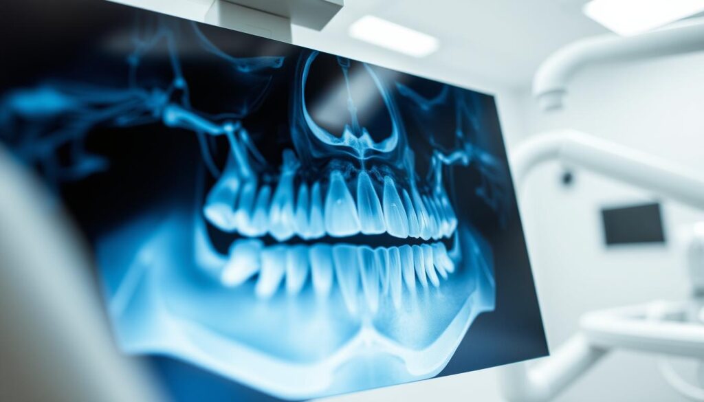 A detailed dental x-ray image of a patient's mouth, focused on the upper and lower jaw, showcasing the bone structure and missing teeth. The image is captured in a clean, sterile medical setting with bright, even lighting, using a high-resolution dental imaging camera. The perspective is a close-up, slightly angled view to highlight the patient's unique dental anatomy. The image conveys a sense of precision and professionalism, reflecting the importance of a thorough pre-surgery assessment for personalized dental implants.