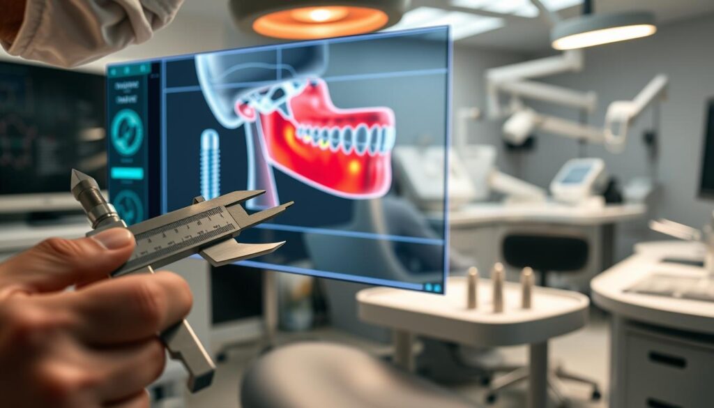 A detailed, high-quality image showcasing the made-to-order dental implants sizing process. In the foreground, a dentist's hand carefully measures the patient's gum line and jaw structure using specialized calipers and digital scanning tools. The middle ground depicts a 3D rendering of the patient's dental anatomy, with highlighted areas indicating optimal implant placement. In the background, a state-of-the-art dental lab workspace is visible, with dental technicians meticulously crafting the customized implants. The lighting is soft and directional, emphasizing the precision and care involved in the personalized sizing process. The overall mood is one of professionalism, attention to detail, and a commitment to providing the patient with a tailored, comfortable, and functional dental solution.