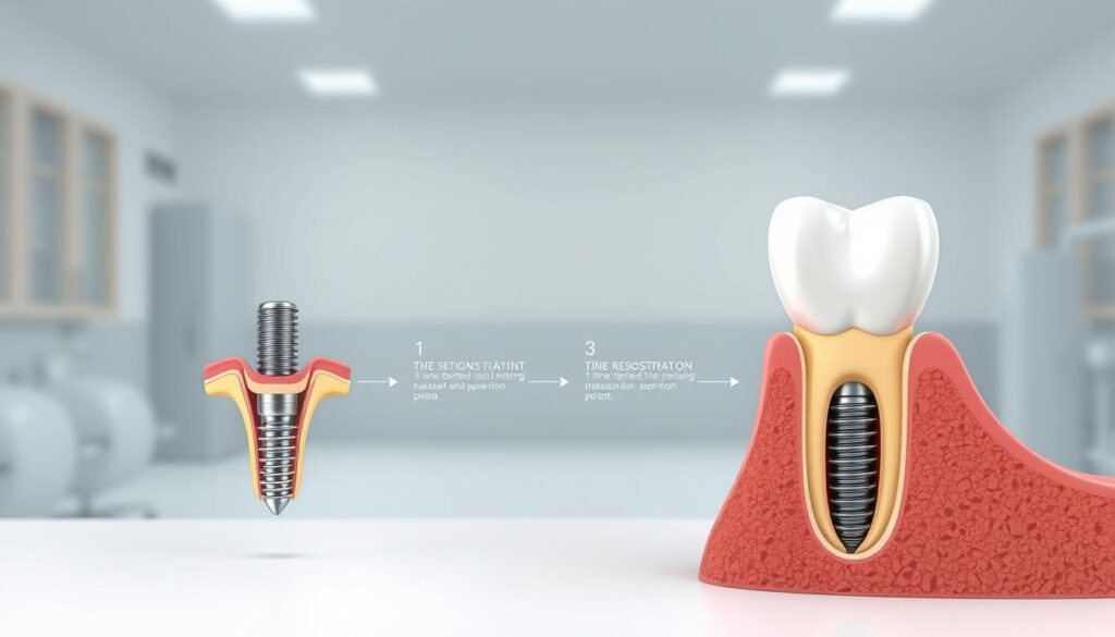 A detailed illustration showcasing the timeline between the first and second stages of a two-stage dental implant procedure. In the foreground, a cross-sectional view of the jawbone and gums, meticulously depicting the dental implant fixture and the subsequent healing period. The middle ground features a timeline with clearly defined milestones, illustrating the gradual progression from the initial implant placement to the final restoration. The background should convey a clean, sterile medical environment, with a soft, muted color palette to emphasize the technical aspects of the procedure. Utilize high-resolution textures, accurate anatomical details, and a crisp, photorealistic rendering style to create a visually informative and clinically accurate image.