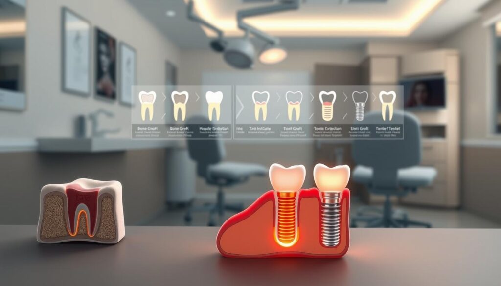 A detailed medical illustration depicting the timeline of bone grafting for dental implants. In the foreground, a cross-sectional view showcases the gradual integration of a bone graft material into the jawbone over several stages. The middle ground features a series of subtly lit, annotated diagrams illustrating the step-by-step procedure, from initial tooth extraction to final implant placement. In the background, a softly focused, photorealistic rendering of a dental office setting provides context, with muted lighting and a calming, professional atmosphere. The overall composition conveys the technical precision and meticulous planning required for successful dental implant treatment.