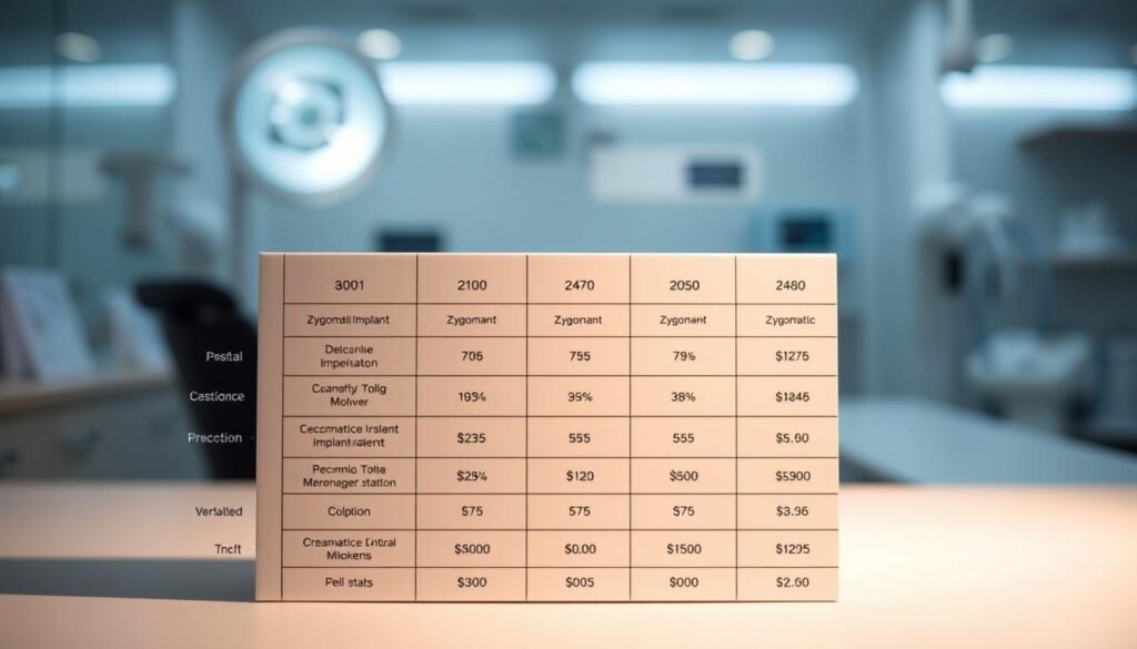A high-quality, detailed comparison of zygomatic implant costs, presented in a professional and informative manner. The image should feature a sleek, minimalist design with clean lines and a neutral color palette, conveying a sense of medical expertise and precision. The foreground should display a clear, well-lit visual breakdown of the various zygomatic implant options and their corresponding costs, utilizing simple infographics and clear labeling. The background should feature a subtle, out-of-focus medical or dental-themed environment, such as a dental clinic or laboratory, to reinforce the context. Lighting should be soft and directional, creating depth and highlighting the key visual elements. The overall atmosphere should be calm, authoritative, and conducive to informed decision-making.