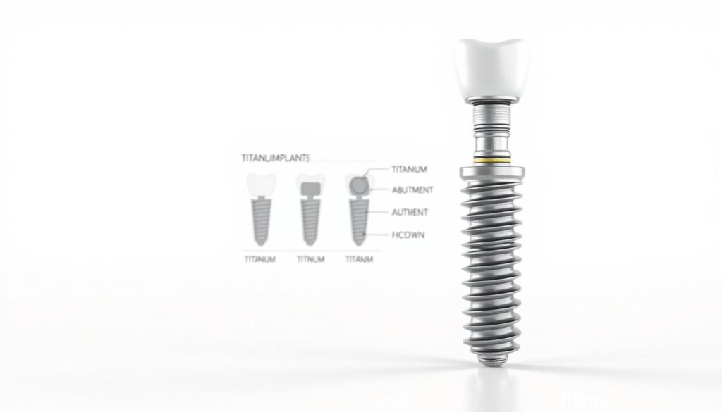 A highly detailed, technically accurate diagram of dental implant components, showcased against a clean, minimalist background. The foreground features a precisely rendered, sectional view of a dental implant assembly, including the titanium fixture, abutment, and crown, highlighted with a soft, neutral lighting that emphasizes the materials and textures. The middle ground presents a clear, labeled schematic of the individual components, while the background maintains a uniform, off-white tone to maintain focus on the subject. The overall composition conveys a sense of clinical precision and educational clarity, suitable for illustrating the technical aspects of dental implants.