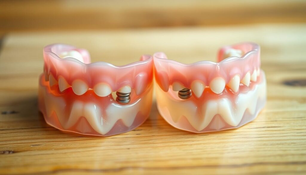 A pair of dentures resting on a wooden surface, with a scar-like implant integration visible on the gums. The dentures have a slightly translucent, healing appearance, with a subtle tinge of pink hue. The lighting is soft and diffused, creating a warm, inviting atmosphere. The background is blurred, allowing the dentures to be the focal point. The angle is slightly elevated, providing a close-up, detailed view of the transitional dentures and their role in the implant healing process. The overall mood is one of medical progress and the patient's journey towards a complete, functional smile.