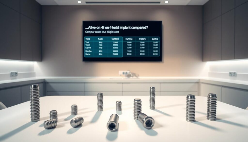 A sleek and modern dental clinic interior, with clean lines and minimalist design. In the foreground, a selection of dental implants in various sizes and materials, arranged neatly on a pristine white surface, casting long shadows. In the middle ground, a large display screen showcases comparative cost information for "All-on-4" dental implant solutions, presented in a clear and visually appealing manner. The background features a neutral-toned wall, accentuated by subtle lighting that creates a warm and professional atmosphere. The overall scene conveys a sense of innovation, quality, and attention to detail in the world of advanced dental care.
