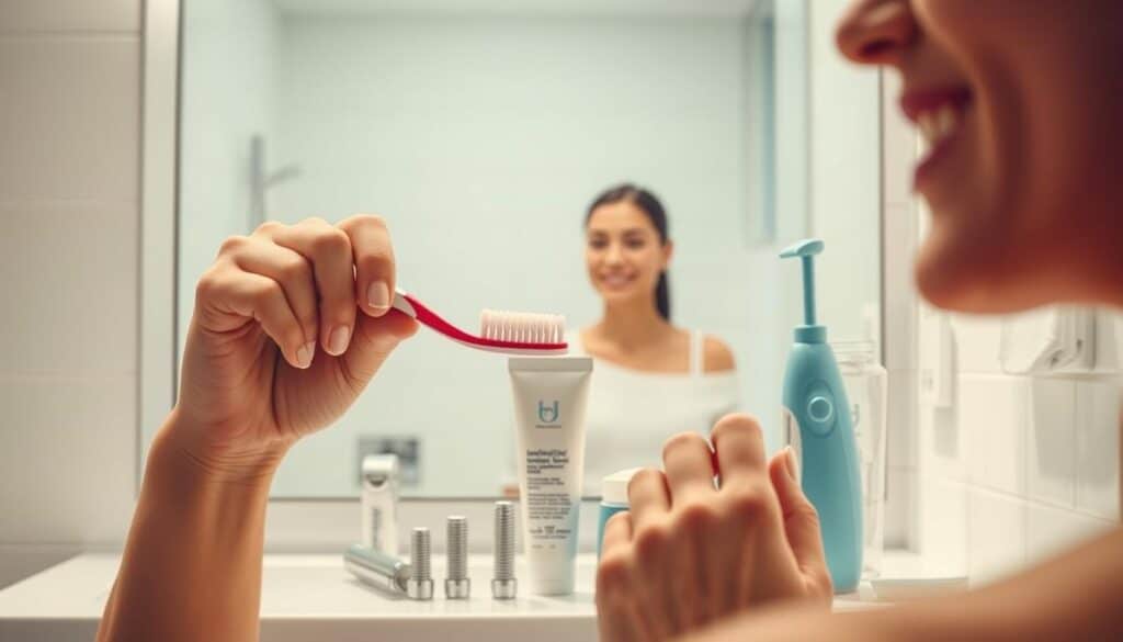 A well-lit bathroom scene showcasing a person's daily dental implant care routine. In the foreground, a person is carefully brushing their individualized dental implants with a soft-bristled toothbrush, taking care to clean the gum line. The middle ground features an array of specialized dental hygiene products, including implant-safe toothpaste, interdental brushes, and a dental water flosser. The background depicts a modern, minimalist bathroom interior with clean, bright tiles and a vanity mirror reflecting the person's focused expression. The lighting is warm and natural, creating a calming atmosphere that emphasizes the importance of this personalized post-operative care regimen.