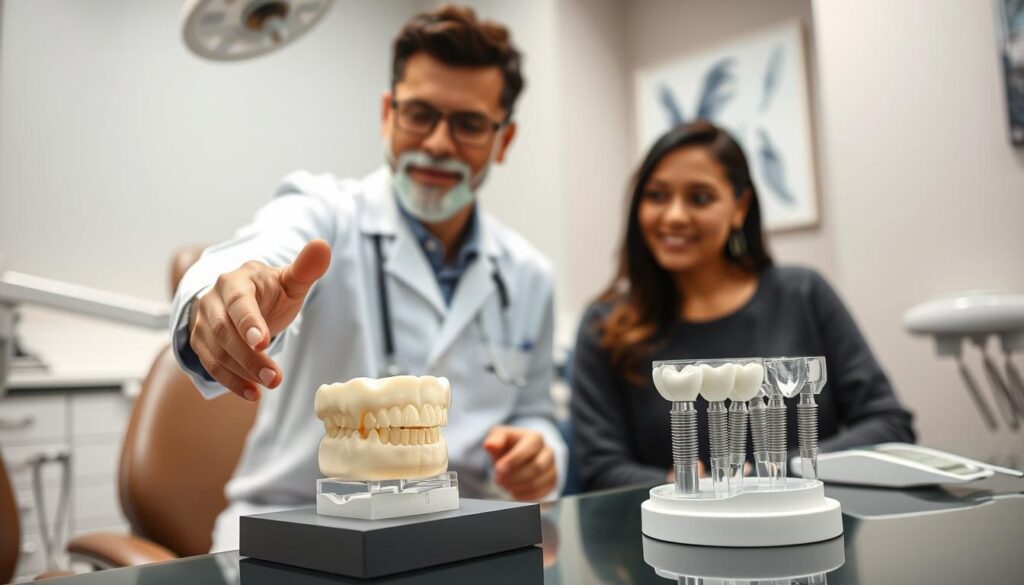 A well-lit dental clinic interior, with a dentist and patient seated at a consultation table. In the foreground, the dentist gestures toward a detailed 3D dental model, explaining the implant procedure. The patient, attentive, examines the model. In the middle ground, dental equipment and tools are neatly arranged, conveying a sense of professionalism. The background features soothing, neutral-toned walls, with subtle patterns or artwork, creating a calming atmosphere. Soft, diffused lighting illuminates the scene, highlighting the focus on the consultation process. The overall composition emphasizes the collaborative nature of the initial implant evaluation.