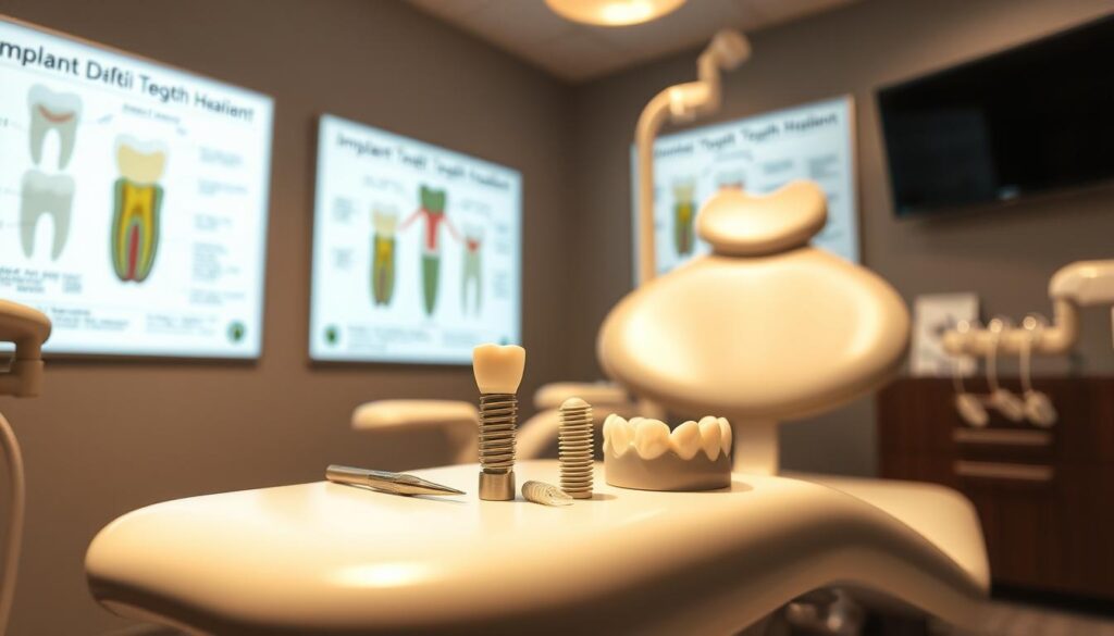 A well-lit dental office setting, with a dentist's chair prominently featured. On the chair, various tooth replacement options are displayed, including a dental implant, a partial denture, and a temporary crown. The lighting is warm and inviting, with a focus on the dental tools and materials in the foreground. In the background, medical diagrams illustrating the implant healing process are visible on the walls, providing context and educational information. The overall atmosphere is calm and professional, conveying a sense of expertise and care in the dental treatment.