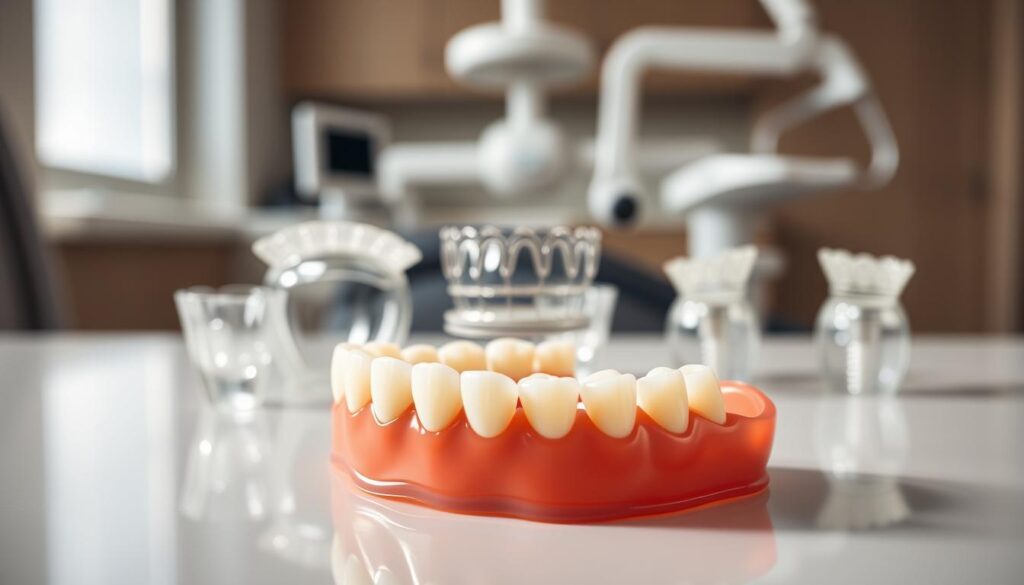 A well-lit, macro-level view of temporary dental solutions for dental implants. In the foreground, a set of partial dentures sits atop a sleek, reflective surface, showcasing its realistic teeth and lifelike gum-colored base. The middle ground features a selection of snap-on crowns and bridges, their translucent materials and intricate details capturing the precision of modern temporary restorations. In the background, a blurred dental office setting provides context, with clean, modern equipment and soft lighting suggesting a professional, clinical environment. The overall scene conveys the temporary and transitional nature of these solutions, highlighting their role in the implant process before the final, permanent restoration is completed.