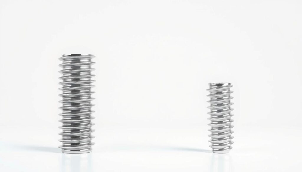Detailed comparison of cylindrical dental implant designs, showcased in a clean, technical illustration. In the foreground, two implants stand side-by-side - one cylindrical, one tapered. Precise metallic textures and crisp shadows convey their forms. The middle ground features a plain white background, allowing the implants to be the sole focus. Soft, even lighting illuminates the scene, emphasizing the sleek, professional aesthetic. The overall mood is one of clinical objectivity, inviting the viewer to closely examine and compare the distinct implant profiles. No extraneous elements distract from the central comparison.
