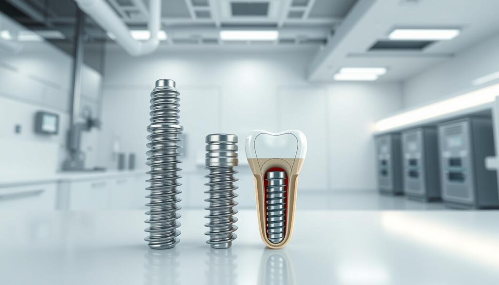 High-detailed, technical illustration of hybrid dental implants, displayed in a clean, clinical setting. The foreground features a pair of dental implants, one traditional metal implant and one hybrid ceramic-metal implant, placed side-by-side for direct comparison. The middle ground showcases a detailed cross-section view of the internal structure and attachment mechanisms of each implant type. The background is a pristine, well-lit laboratory setting with white walls and stainless steel fixtures, conveying a sense of modern, state-of-the-art medical technology. Lighting is bright and evenly distributed, creating clear, sharp focus and minimal shadows. The overall mood is one of clinical precision, innovation, and the evolution of dental restoration solutions.