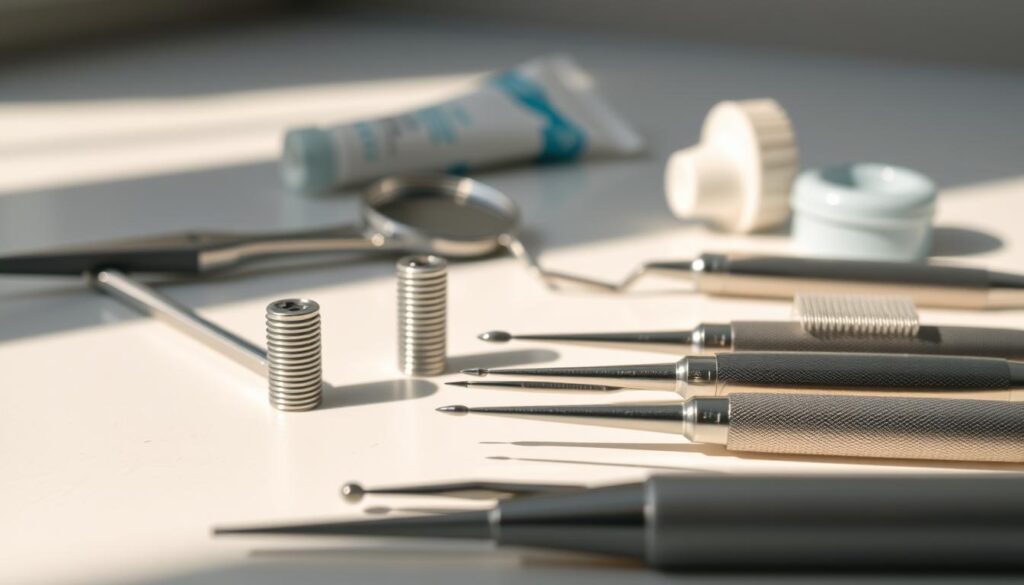 High-quality close-up shot of various dental implant maintenance tools on a clean, soft-lit surface. In the foreground, a set of precision dental picks, probes, and scalers neatly arranged. In the middle ground, a dental mirror and a dental floss threader. In the background, a dental cleansing paste and a small dental brush. The lighting is natural and diffuse, creating soft shadows and highlights that emphasize the metallic shine and intricate details of the tools. The overall mood is one of clinical precision and attention to detail, reflecting the importance of proper dental implant care.