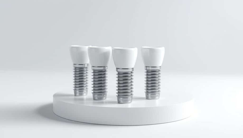a high-quality, detailed 3D rendering of a set of hybrid dental implants against a clean, minimalist background. The implants should be composed of a titanium base fused with a zirconia crown, showcasing the seamless integration between the two materials. The lighting should be soft and diffused, casting gentle shadows to highlight the implants' contours and textures. The camera angle should be slightly elevated, providing a clear, unobstructed view of the implants. The overall mood should convey a sense of precision, innovation, and medical sophistication, reflecting the technological advancements in dental restoration.